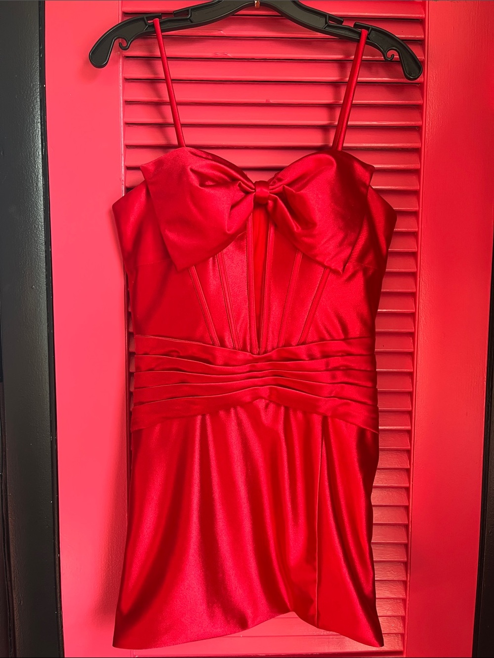 Red Satin Spaghetti-Strap Prom Dress with Bow Detail